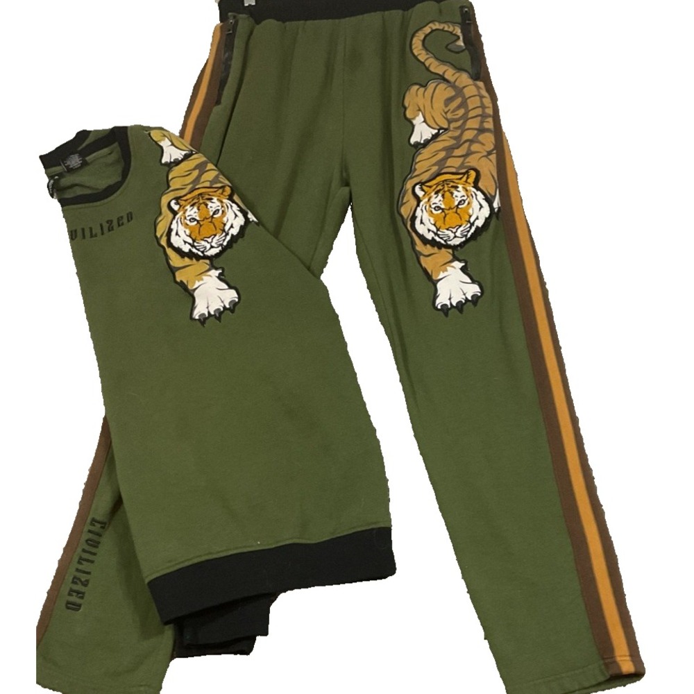 Men's Civilized Army Green Sweat Shirt Pants Set Big Embroidered Tigers